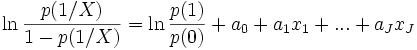 
\ln \frac{p(1/X)}{1-p(1/X)}
=\ln \frac{p(1)}{p(0)} + a_0+a_1x_1+...+a_Jx_J
