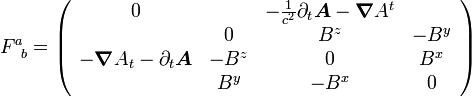 F^a_{\;\;b} = \left(\begin{array}{cccc}0 & & -\frac{1}{c^2} \partial_t \boldsymbol A - \boldsymbol \nabla A^t &  \\  & 0 & B^z &  - B^y \\ - \boldsymbol \nabla A_t - \partial_t \boldsymbol A & - B^z & 0  & B^x \\ & B^y & - B^x & 0\end{array} \right)  