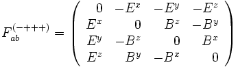 F_{ab}^{(-+++)} = \left(\begin{array}{rrrr}
0 & - E^x & - E^y & - E^z \\
E^x & 0 & B^z & - B^y \\
E^y & - B^z & 0 & B^x \\
E^z & B^y & - B^x & 0
\end{array}\right)
