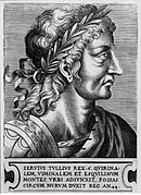 Gravure en noir et blanc de Servius Tullius portant une couronne de laurier.