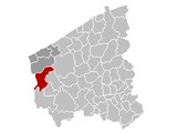Situation de la ville au sein de l'arrondissement de Furnes et de la province de Flandre-Occidentale