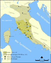 Carte de l'Italie, avec l'Étrurie qui s'étend au sixième siècle avant Jésus-Christ de la baie de Naples jusqu'aux plaines du Pô, incluant la Corse.