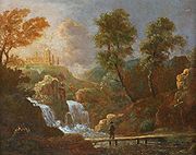 Bemmel, Willem van (attributed) - Landschap figuur op een brug bij een waterval - .jpg