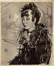 Jeanne Fusier-Gir par Léon Gard. Photo en noir et blanc (avec dédicace de l'actrice au peintre) de ce portrait peint pour la création de la pièce de Sacha Guitry, N'Ecoutez-pas Mesdames.