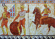 Fresque murale colorée. Deux guerriers à pieds et un cavalier.