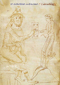 Macrobe et son fils Eusthatius : manuscrit du Commentaire au Songe de Scipion (XIIe siècle, British Library)
