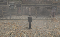 Un exemple de vision subjective (en haut) qui s'opose à la vision cinéma (en bas), ici dans le jeu Sherlock Holmes contre Jack l'Éventreur.