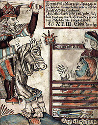 Le dieu Hermód va voir Hel, déesse des enfers. Manuscrit islandais du XVIIIe siècle, Copenhague, Bibliothèque royale.