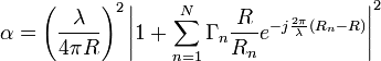 \alpha=\left( \frac{\lambda}{4 \pi R} \right)^2 \left|1+\sum_{n=1}^N \Gamma_n\frac{R}{R_n}e^{-j\frac{2\pi}{\lambda}(R_n-R)}\right|^2