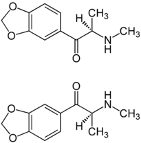Énantiomère R de la méthylone (en haut) et S-méthylone (en bas)