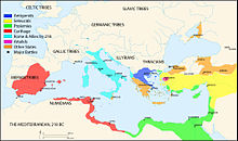 Carte de la Méditerranée. Rome en Italie, Carthage sur la côte africaine et ibérique, et les royaumes grecs en Orient.