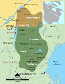 Carte du territoire traditionnel des abénaquis démontrant un chevauchement entre le Québec et le Massachusetts.