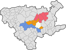 Plan montrant Béthune dans l'arrondissement de Béthune et dans les cantons