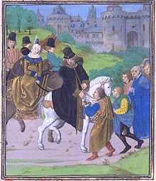 Enluminure représentant Jean de Gand, à cheval et vêtu de noir, recevant la reddition des habitants de Saint-Jacques-de-Compostelle devant les murailles de la ville.