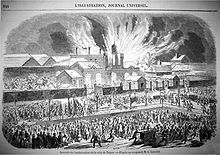 Gravure du journal l'illustration : l'incendie de la gare de Troyes en 1855