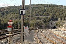 La sortie de la gare de Cassis vers Marseille. À gauche la ligne, à droite les voies de desserte de l'embranchement particulier Lafarge et en arrière plan le tunnel du Mussuguet