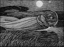 Sur le dessin, une femme tient un bébé dans ses bras alors qu'elle survole un cours d'eau et que la Lune éclaire la scène.