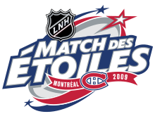 Logo du match des étoiles 2009 : les mots Matchs des étoiles avec le logo de la LNH, celui des canadiens de Montréal et l'inscription Montréal 2009.