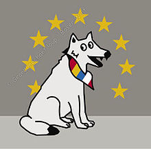 Le logo du projet de journalisme franco-allemand Grand méchant loup est un loup gris avec un foulard aux couleurs de la France et de l'Allemagne et en arrière fond les étoiles du drapeau européen