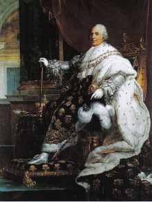 Peinture de Louis dix-huit, en grand costume de sacre, assis sur un trône que son ample vêtement fleudelisé et d'hermine cache