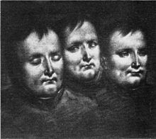 Trois têtes dessinées de Napoléon, les yeux fermés,ouvrant les yeux et souriant