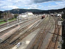 Vue d'ensemble de la gare, avec les voies, les quais et les bâtiments