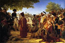 Napoléon de profil à gauche , face à un groupe de prisonniers égyptiens gardés par des soldats