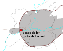 Plan désignant l'emplacement du stade de la route de Lorient dans l'Ouest de l'agglomération rennaise.