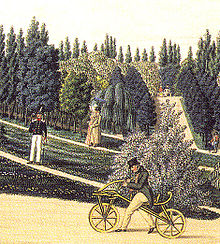 Schlossgarten und Schloss Mannheim v J P Karg 1819 mit Draisine.jpg
