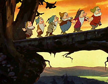 Image du dessin animé, les nains traversant un pont