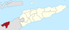 Localisation du district d'Oecusse (en rouge) à l'intérieur du Timor oriental