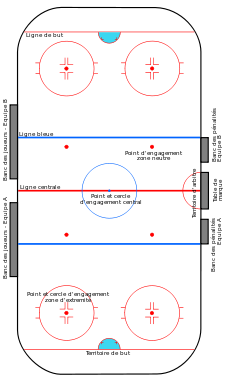 Représentation schématique d'une patinoire de hockey vue de dessus.