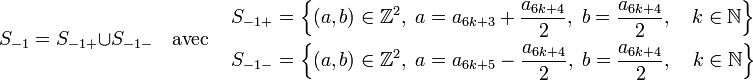S_{-1} = S_{-1+}\cup S_{-1-}  \quad\text{avec}\quad \begin{align}
S_{-1+} & = \left\{(a,b) \in \mathbb Z^2,\; a = a_{6k+3} + \frac {a_{6k+4}}2 ,\; b = \frac {a_{6k+4}}2 ,\quad k \in \mathbb N \right\} \\
S_{-1-} & = \left\{(a,b) \in \mathbb Z^2,\; a = a_{6k+5} - \frac {a_{6k+4}}2 ,\; b = \frac {a_{6k+4}}2 ,\quad k \in \mathbb N \right\} \end{align}