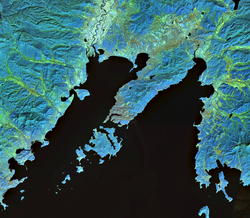 Image satellite du golfe de Pierre-le-Grand avec la baie de l'Amour (ouest) séparée de la baie de l'Oussouri (est) par la péninsule Mouraviov-Amourski.