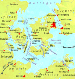 Carte des détroits du Danemark avec le Grand Belt (Storebælt) entre Seeland (Sjælland) et la Fionie (Fyn).