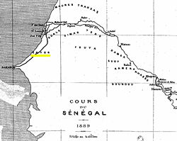 Localisation du Cayor sur une carte du fleuve Sénégal de 1889