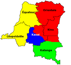 Le Congo durant la crise congolaise (1960-1965). Le territoire contrôlé par le Katanga est en vert.
