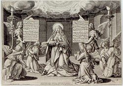 Un Magnificat de Corneille Verdonck.  Gravure par Johannes Sadeler d’après Maarten de Vos,  parue à Anvers en 1585, représentant une Vierge Marie entourée d'anges.  Deux de ceux-ci portent chacun une pancarte sur laquelle sont écrites les parties de chant, tandis que les autres anges chantent ou jouent de divers instruments.