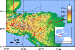 Carte topographique du Honduras avec la sierra de Omoa près de la frontière avec le Guatemala.