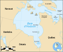 Le Détroit d'Hudson est le passage en haut à droite entre les îles de Baffin et le Labrador, menant à la Baie d'Hudson.