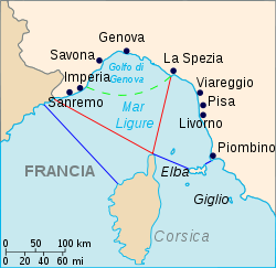 Carte de la mer Ligure avec en rouge ses limites selon l'Organisation hydrographique internationale et en bleu selon l'Institut hydrographique de la Marine.