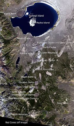 Image satellite commentée de Mono Lake, des cratères de Mono-Inyo et de Mammoth Mountain.