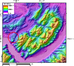 Modèle numérique de terrain du massif de la Chartreuse ; entouré en rouge, le plateau du Grand-Ratz.