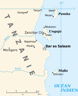 Le canal de Mafia se situe entre l'île de Mafia (sud) et le continent africain.
