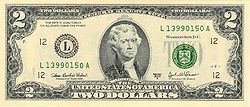Verso du billet de 2 $ US (Série 2003A)