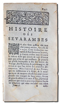 Fac simile de la première page de Histoire des Sevarambes (après l'introduction), dans l'édition de 1734 publiée par l'éditeur Henry Desbordes à Amsterdam