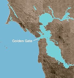 Carte du Golden Gate avec à gauche l'océan Pacifique et à droite la baie de San Francisco.