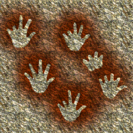 Évocation artistique des mains négatives de la grotte, réalisées par la technique du pochoir