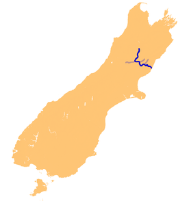 Le Waiau et ses affluents sur une carte de l'île du Sud.