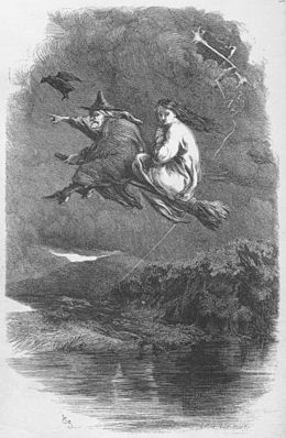 Le dessin montre une sorcière et une jeune femme sur un balai, volant au dessus d'un lac dans un paysage montagneux. La sorcière semble en colère, et pointe du doigt la direction dans laquelle elles vont. La jeune femme semble effrayée. Un corbeau vole devant le balai.